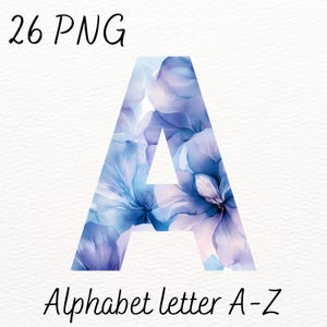 Alfabeto floral en acuarela PNG l Letras azul verdoso A-Z l Descarga digital para invitaciones l Monogramas y diseños