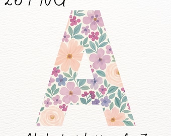 Watercolor Floral Alphabet PNG: Pastel Flower Font (Digital Download)