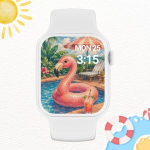 Puede incluir: Un reloj inteligente blanco con una pantalla digital que muestra una ilustración veraniega de un flotador de flamenco rosa en una piscina, una sombrilla, una tumbona y una bebida. La pantalla muestra el texto MON 25 y 3:15.