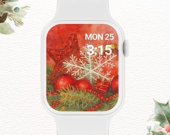 Świąteczna tapeta na Apple Watch, czerwone dekoracje świąteczne, przytulna akwarelowa tarcza zegarka (pobranie cyfrowe)