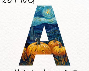 Halloween Pumpkin Alphabet PNG: Starry Night Jack O'Lantern Font (Digital Download)