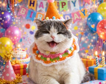 Handmade Crochet Pet Birthday Hat and Scarf Set, Cat Dog Party Costume, Photo Prop