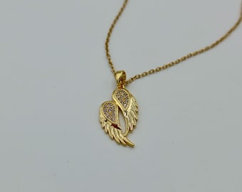 Collar de alas de ángel, acero inoxidable chapado en oro de 18 quilates, colgante de cristal de circonita cúbica, hipoalergénico e impermeable, cadena ajustable, regalo para ella.