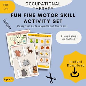 Może przedstawiać: Zestaw trzech drukowanych aktywności z terapii zajęciowej dla dzieci w wieku 3 lat i starszych. Aktywności obejmują grę w dopasowywanie "Gdzie mieszkają zwierzęta?", "Grę w pamięć z 2 zwierzętami" oraz aktywność "Wycinaj, dopasuj i graj!" Aktywności mają na celu pomóc dzieciom w rozwijaniu umiejętności motorycznych.