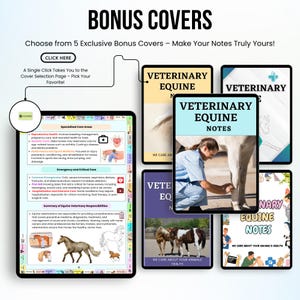 Op de afbeelding: Vijf verschillende omslagontwerpen voor veterinaire paardennotities. De omslagen bevatten verschillende afbeeldingen, waaronder een paard dat door een dierenarts wordt onderzocht, een paard met een verband om zijn been en een paard met een veulen. De tekst op de omslagen luidt "Veterinaire paardennotities" en "We geven om de gezondheid van uw dier".