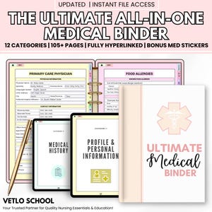 May include: A medical binder with the text "THE ULTIMATE ALL-IN-ONE MEDICAL BINDER" and "12 CATEGORIES | 105+ PAGES | FULLY HYPERLINKED | BONUS MED STICKERS". The binder includes sections for medical history, profile, and personal information.