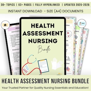 Peut inclure: Un bundle de téléchargement numérique pour les étudiants en soins infirmiers, intitulé "Health Assessment Nursing Bundle". La couverture présente un stéthoscope, une paire de gants blancs et un presse-papiers avec une liste de contrôle. Le texte "Your Trusted Partner for Quality Nursing Essentials and Education!" est en bas de l'image.