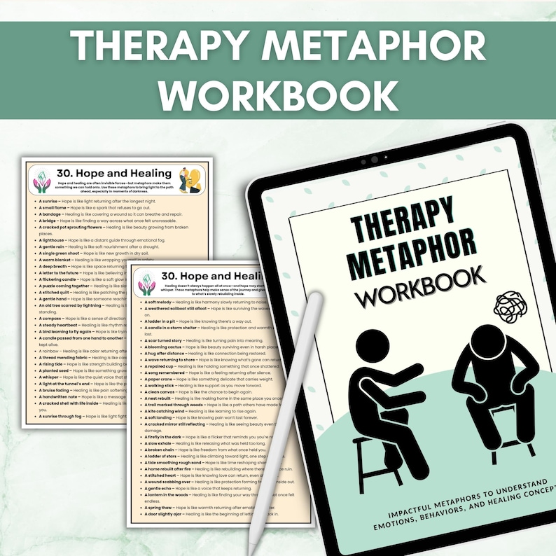 Peut inclure: Un cahier d'exercices num&eacute;rique intitul&eacute; "Therapy Metaphor Workbook" avec le texte "Impactful Metaphors to Understand Emotions, Behaviors, and Healing Concepts." L'image comprend une tablette avec un stylet et deux pages imprim&eacute;es avec des listes de m&eacute;taphores.