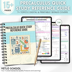 Könnte beinhalten: Ein spiralgebundenes "Precalculus Quick Study Reference Guide" mit dem Text "15+ Seiten" und "7+ Themen | Digital & Druckbar | Bonus-Cover". Der Leitfaden enthält mathematische Diagramme und Formeln.