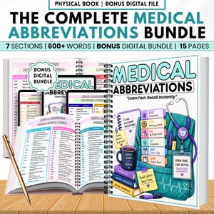 May include: The Complete Medical Abbreviations Bundle, a physical book with a bonus digital file. The cover features the title in large teal letters. Inside, the book is open to show detailed medical abbreviations. A gold pen rests on the wooden surface.