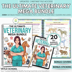 Könnte beinhalten: Ein digitales Veterinär-Mega-Bundle mit dem Text "The Ultimate Veterinary Mega Bundle". Das Bild zeigt eine Frau in OP-Kleidung, verschiedene Tiere und Seiten mit Skelettsystemdiagrammen. Enthält 20 Tierarzt-Bundles, Bonus-Cover und Aufkleber.