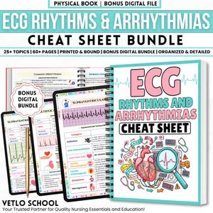May include: A spiral-bound ECG Rhythms & Arrhythmias cheat sheet bundle featuring a physical book and bonus digital files. The cover displays a heart illustration, a magnifying glass, and medical icons. Text includes 25+ Topics and 60+ Pages.