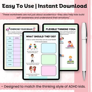 Może przedstawiać: Cyfrowe arkusze ćwiczeń dla dzieci z tekstem "Easy To Use | Instant Download". Arkusze ćwiczeń zawierają ćwiczenia dla m&oacute;zgu i jogę elastycznego myślenia. Widoczny jest r&oacute;wnież tekst "WHAT SHOULD THEY DO?". Białe pi&oacute;ro znajduje się po prawej stronie.
