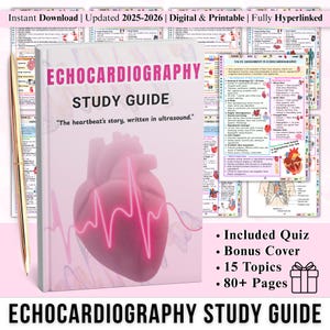 May include: A medical study guide titled "Echocardiography Study Guide" with a pink heart and waveform graphic on the cover. The guide includes a quiz, bonus cover, 15 topics, and over 80 pages. The text reads "The heartbeat's story, written in ultrasound."