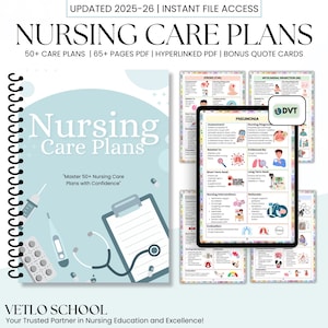 May include: A blue and white nursing care plan book with a stethoscope, thermometer, and pills. The book cover says "Nursing Care Plans" and "Master 50+ Nursing Care Plans with Confidence". The book is open to a page with a nursing care plan for pneumonia. The text on the page includes "Assessment", "Nursing Diagnosis", "Related To", "Evidenced By", "Short Term Goal", "Long Term Goal", "Nursing Interventions", "Evaluation", and "Outcomes".