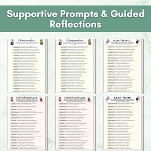 Peut inclure: Un graphique turquoise et blanc avec le texte "Supportive Prompts & Guided Reflections". L'image pr&eacute;sente six cartes avec des listes d'invites li&eacute;es &agrave; la d&eacute;pression, au deuil, &agrave; la perte et &agrave; l'estime de soi. Chaque carte a un titre et une liste d'invites.