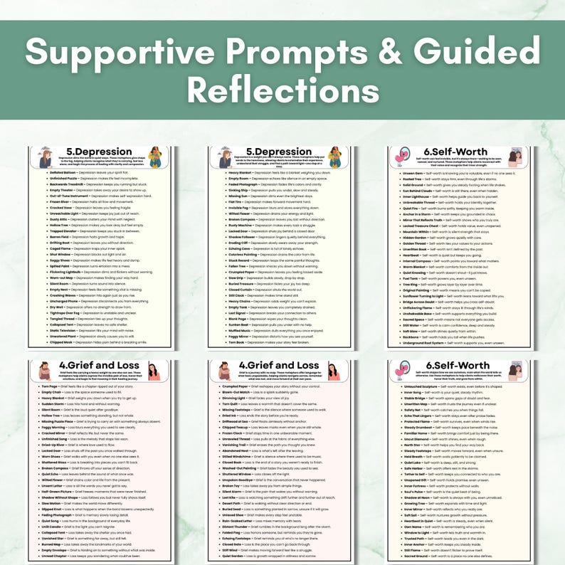 Peut inclure: Un graphique turquoise et blanc avec le texte "Supportive Prompts & Guided Reflections". L'image pr&eacute;sente six cartes avec des listes d'invites li&eacute;es &agrave; la d&eacute;pression, au deuil, &agrave; la perte et &agrave; l'estime de soi. Chaque carte a un titre et une liste d'invites.