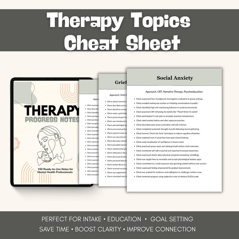 May include: A digital tablet and printed sheets titled "Therapy Topics Cheat Sheet" and "Therapy Progress Notes." The tablet displays a line drawing of a person. The sheets cover topics like grief and social anxiety. Text includes "Perfect for Intake, Education, Goal Setting."