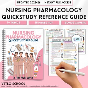 Può includere: Una guida di riferimento rilegata a spirale intitolata "Nursing Pharmacology Quickstudy Reference Guide" con illustrazioni di professionisti medici e articoli farmaceutici. L'immagine mostra anche pagine di studio aggiuntive e il testo "Updated 2025-26 | Instant File Access".
