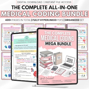 May include: A digital download bundle for medical coding, featuring the text "THE COMPLETE ALL-IN-ONE MEDICAL CODING BUNDLE". The image includes a tablet and several documents with information on coding guidelines, compliance, and regulations. The bundle includes over 400 pages.