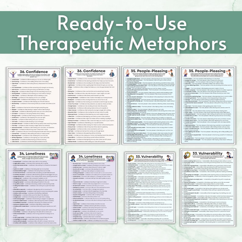 Peut inclure: Ensemble de cartes imprim&eacute;es intitul&eacute;es "Ready-to-Use Therapeutic Metaphors". Les cartes sont class&eacute;es par cat&eacute;gories : Confiance, Plaire aux autres, Solitude et Vuln&eacute;rabilit&eacute;. Chaque carte contient une liste de m&eacute;taphores.