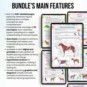 Op de afbeelding: Een digitale bundel met veterinaire leermaterialen voor paarden. De omslag afbeelding toont een anatomie diagram van een paard met de tekst "Integumentary System (Skin and Hoof)". De bundel bevat meer dan 248 gedetailleerde pagina's, 39 kernonderwerpen, quizbladen en hyperlinks.