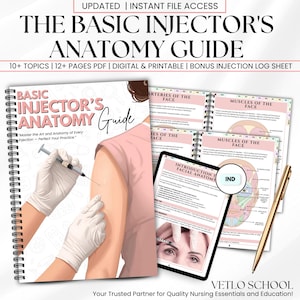 May include: The Basic Injector's Anatomy Guide is a spiral-bound educational document featuring illustrations of facial anatomy, muscles, and arteries. It includes a digital tablet display, a gold pen, and text detailing injection techniques.