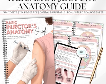 Guide d'anatomie pour infirmières praticiennes en esthétique, Anatomie des injections de Botox et de produits de comblement, Cartographie faciale pour les injecteurs, Fiches pratiques pour infirmières, Téléchargement numérique
