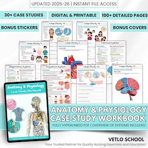 Könnte beinhalten: Anatomie & Physiologie Fallstudien-Workbook mit über 30 Fallstudien, digital und druckbar. Inklusive Bonus-Aufklebern und -Covern. Das Workbook bietet detaillierte Seiten und einen Überblick über die Systeme. Das Cover zeigt eine anatomische Illustration.