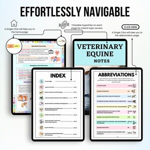 Op de afbeelding: Een digitaal document met een blauwe en witte achtergrond. Het document is getiteld "Veterinaire Paardennotities" en bevat een index en afkortingen voor veelvoorkomende paardengezondheidsonderwerpen. Het document is ontworpen om gemakkelijk te navigeren met klikbare hyperlinks.