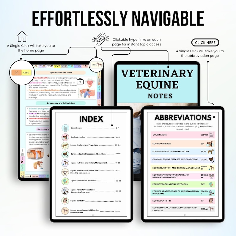 Op de afbeelding: Een digitaal document met een blauwe en witte achtergrond. Het document is getiteld "Veterinaire Paardennotities" en bevat een index en afkortingen voor veelvoorkomende paardengezondheidsonderwerpen. Het document is ontworpen om gemakkelijk te navigeren met klikbare hyperlinks.