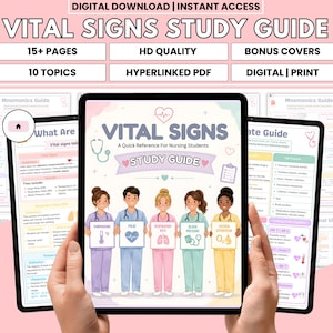 Può includere: Una guida di studio digitale per studenti di infermieristica intitolata Vital Signs, con cinque figure illustrate in divisa medica che tengono cartelli su temperatura, polso, frequenza respiratoria, pressione sanguigna e saturazione di ossigeno.