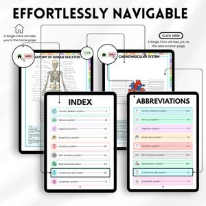 May include: Digital medical study guides displayed on tablets. The guides include an index and abbreviations for human anatomy and cardiovascular systems. The text "Effortlessly Navigable" is at the top, with instructions to click for the homepage and abbreviations.