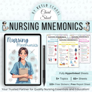 Może przedstawiać: Tablet cyfrowy z kreskówkową ilustracją pielęgniarki na ekranie. Na tablecie wyświetlony jest tekst "Nursing Mnemonics". Tablet znajduje się obok rysika. Trzy wydrukowane arkusze z tekstem "Nursing Mnemonics" są wyświetlane pod tabletem. Pod arkuszami wyświetlony jest tekst "Fully Hyperlinked Sheets". Pod tekstem "Fully Hyperlinked Sheets" wyświetlony jest tekst "5+ Topics | 65+ Sheets". Pod tekstem "5+ Topics | 65+ Sheets" wyświetlony jest tekst "320+ Free Stickers | Free Report Sheet". Pod tekstem "320+ Free Stickers | Free Report Sheet" wyświetlony jest tekst "Your Trusted Partner for Quality Nursing Essentials and Education!".
