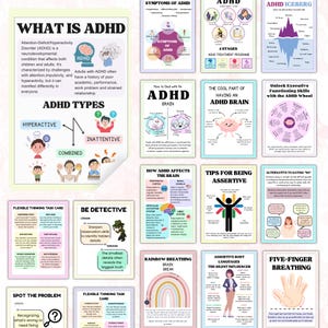 Może przedstawiać: Zestaw edukacyjnych plakat&oacute;w o ADHD, z kolorowymi ilustracjami i tekstem. Plakaty obejmują objawy, typy, leczenie i strategie radzenia sobie z ADHD. Mają na celu informowanie i edukowanie na temat zespołu nadpobudliwości psychoruchowej z deficytem uwagi.