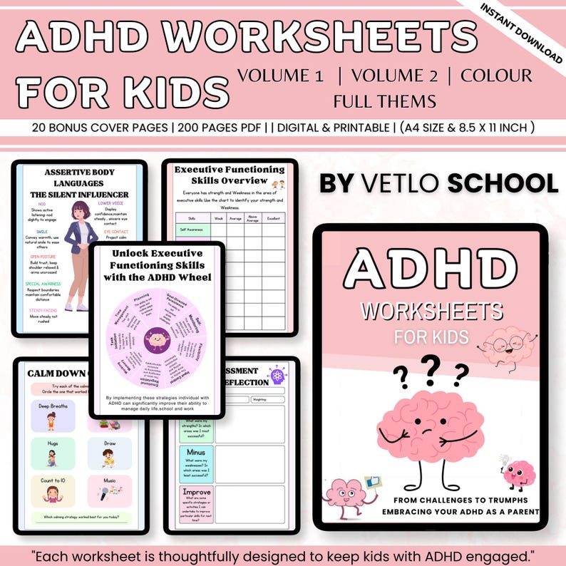 Może przedstawiać: Arkusze ćwiczeń ADHD dla dzieci, tom 1 i 2, cyfrowe i do druku. Zawiera 20 dodatkowych stron tytułowych i 200 stron w formacie PDF. Tematy: asertywna mowa ciała, umiejętności wykonawcze i techniki uspokajające. Format A4 i 21,6 x 27,9 cm.