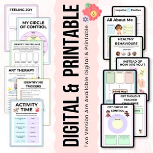 K&ouml;nnte beinhalten: Eine Sammlung druckbarer Arbeitsbl&auml;tter zur psychischen Gesundheit mit Titeln wie "Feeling Joy" und "My Circle of Control". Der Text "Digital & Printable" ist vertikal dargestellt. Die Arbeitsbl&auml;tter sind f&uuml;r die Selbstreflexion und Therapie konzipiert.