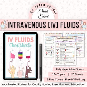 Puede incluir: Una tableta digital muestra "IV Fluids Cheatsheets" con ilustraciones de bolsas intravenosas y manos. Hojas adicionales cubren "Dispositivos mnemotécnicos" y "Contraindicaciones y precauciones". Un lápiz óptico negro está al lado de la tableta. El texto incluye "10+ temas" y "20 hojas".