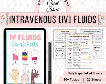 May include: A digital tablet displays "IV Fluids Cheatsheets" with illustrations of IV bags and hands. Accompanying sheets cover topics like "Mnemonic Devices" and "Contraindications & Precautions." A black stylus is positioned next to the tablet. Text includes "10+ Topics" and "20 Sheets."