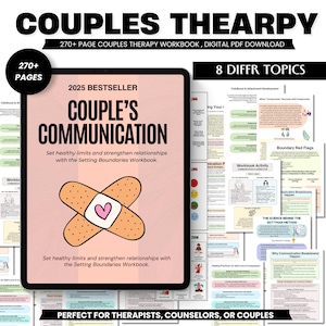 May include: A digital workbook titled "Couple's Communication" with the text "Set healthy limits and strengthen relationships with the Setting Boundaries Workbook." The cover features a bandage with a heart. The workbook has 270+ pages and covers 8 different topics.