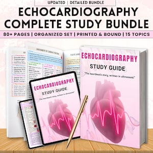 May include: An echocardiography study bundle featuring a study guide, tablet, and open book. The study guide has a pink cover with a heart graphic and the text "ECHOCARDIOGRAPHY STUDY GUIDE". The tablet displays the same cover design. The open book shows detailed medical information.