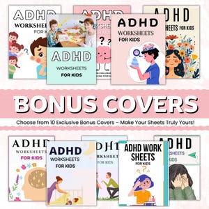 Może przedstawiać: Zbi&oacute;r arkuszy ćwiczeń ADHD dla dzieci z r&oacute;żnymi wzorami okładek. Okładki zawierają ilustracje dzieci, schematy m&oacute;zgu i wzory kwiatowe. Tekst zawiera "ADHD WORKSHEETS FOR KIDS" i "BONUS COVERS".