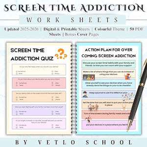 May include: A spiral-bound workbook titled "Screen Time Addiction" with a colorful theme. The left page features a quiz, and the right page offers an action plan. A black pen rests on the right side of the open workbook.