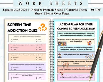 Screen Time Addiction Worksheets, Stop Phone Addiction, Screen Time Rules For Kids Adults & Teens, Screen Time Log, Instant Download