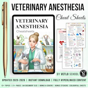Könnte beinhalten: Eine digitale Illustration eines Tierarztes mit einem Stethoskop, umgeben von verschiedenen Tieren, darunter Katzen, Hunde und Vögel. Das Bild ist für einen Satz von Spickzetteln zur Veterinär-Anästhesie, mit dem Text "Veterinary Anesthesia Cheatsheets" und "Updated 2025-2026 | Instant Download | Fully Hyperlinked Content" unten.