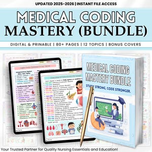 Puede incluir: Un conjunto de materiales de estudio de codificación médica, que incluye un libro y dos tabletas, con el título "MEDICAL CODING MASTERY (BUNDLE)". El libro y las tabletas muestran información y diagramas médicos detallados. Hay un bolígrafo dorado.