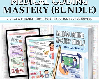 May include: A bundle of medical coding study materials, including a book and two tablets, with the title "MEDICAL CODING MASTERY (BUNDLE)". The book and tablets display detailed medical information and diagrams. A gold pen rests on the side.