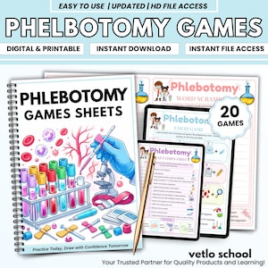 May include: A spiral-bound book titled PHLEBOTOMY GAMES SHEETS featuring illustrations of test tubes, a microscope, and a gloved hand. Included are printable game pages with word scrambles and emoji puzzles, plus a gold pen, all for phlebotomy study.