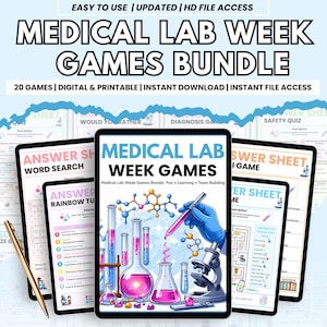 Puede incluir: Un paquete digital de juegos de la semana del laboratorio médico. La imagen muestra una tableta que muestra el título "Medical Lab Week Games" con ilustraciones de equipos de laboratorio. Otras tabletas muestran hojas de juego, incluyendo búsquedas de palabras y cuestionarios.