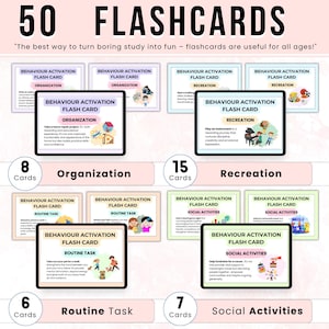 K&ouml;nnte beinhalten: Ein Set von 50 Karteikarten mit dem Titel "50 FLASHCARDS" in gro&szlig;er schwarzer Schrift. Die Karten sind in Kategorien unterteilt: Organisation, Freizeit, Routineaufgaben und soziale Aktivit&auml;ten. Jede Karte enth&auml;lt Illustrationen und Text.